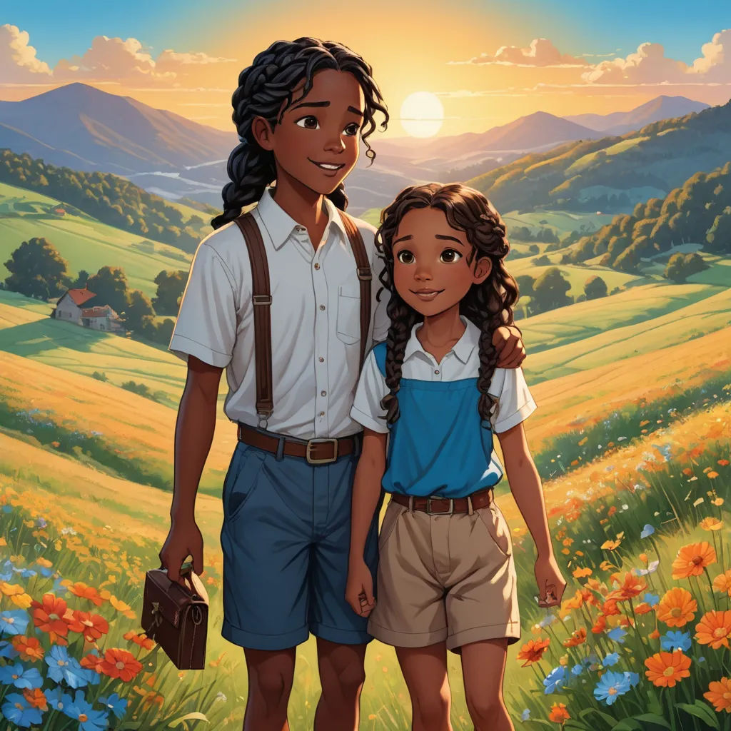 a painting of a man and a woman standing in a field of flowers with a sunset in the background, harlem renaissance, a storybook illustration, Ella Guru, official art