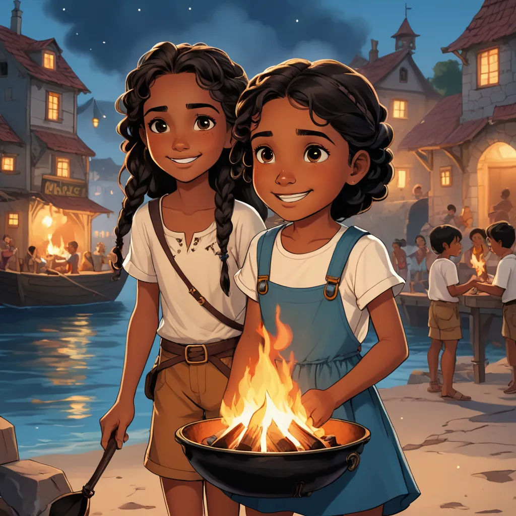 two girls standing next to each other holding a fire in a pan on a beach with a boat in the background, magical realism, a storybook illustration, Brothers Hildebrandt, comic cover art