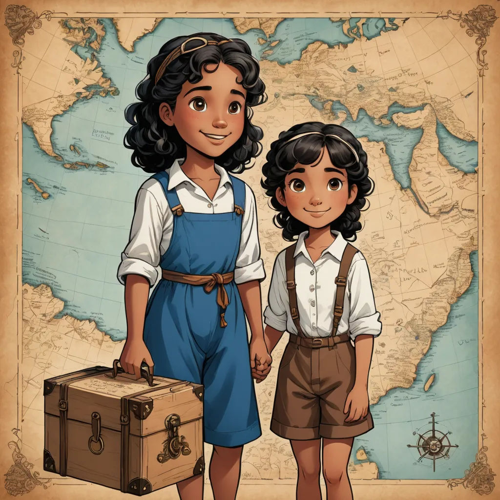 a boy and a girl standing next to a suitcase in front of a map of the world with a map of the world behind them, serial art, a storybook illustration, Diego Gisbert Llorens, comic cover art