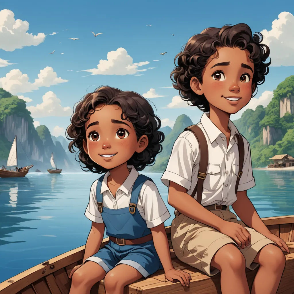 a boy and a girl sitting on a boat in the water with a mountain in the background and a boat in the water, serial art, concept art, Brothers Hildebrandt, official art