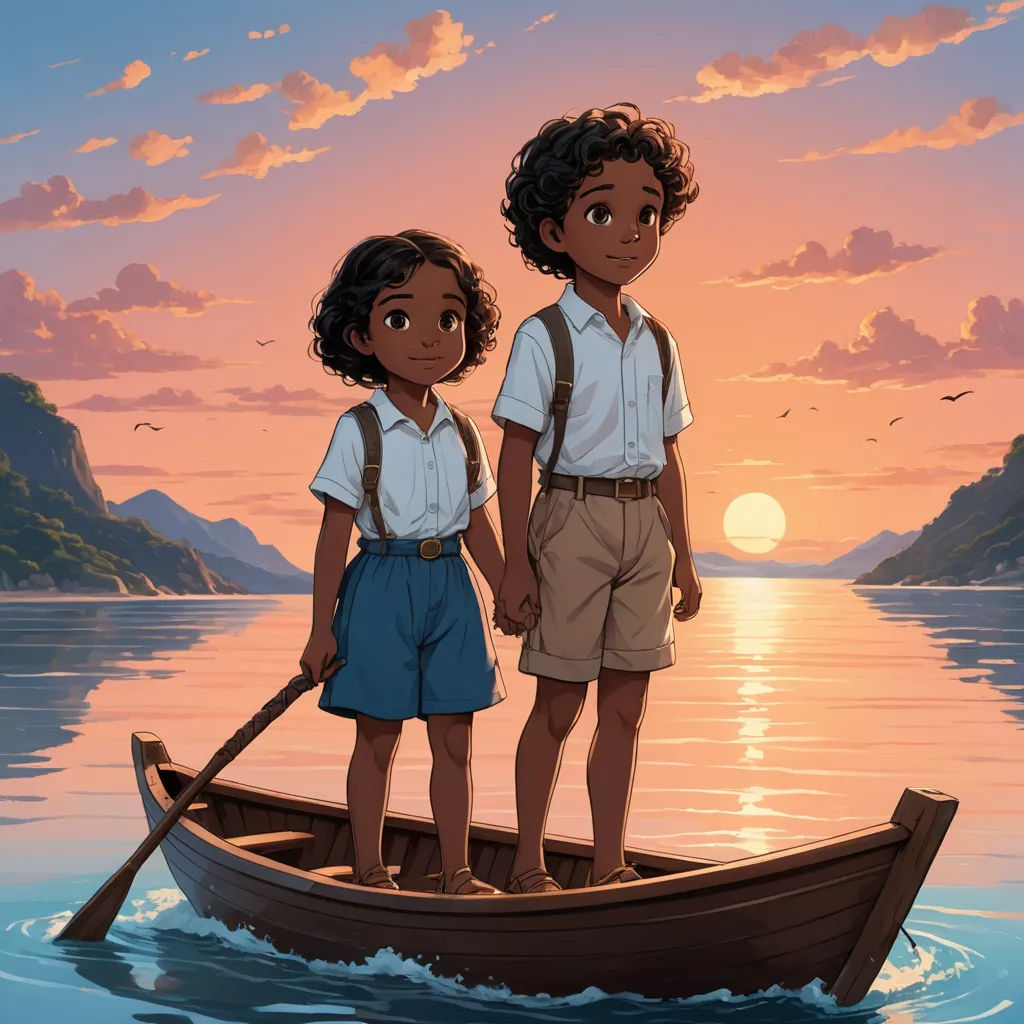 two children standing on a boat in the water at sunset, with the sun setting behind them and a bird flying overhead, sots art, poster art, Brothers Hildebrandt, official art