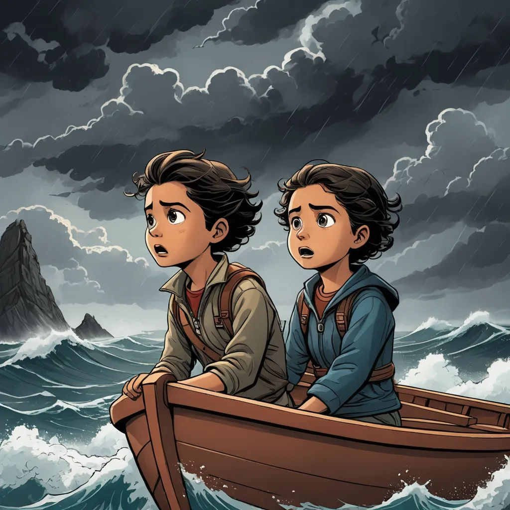 two people in a boat in a stormy sea with a mountain in the background and a dark sky with clouds, serial art, a storybook illustration, Cliff Childs, comic cover art