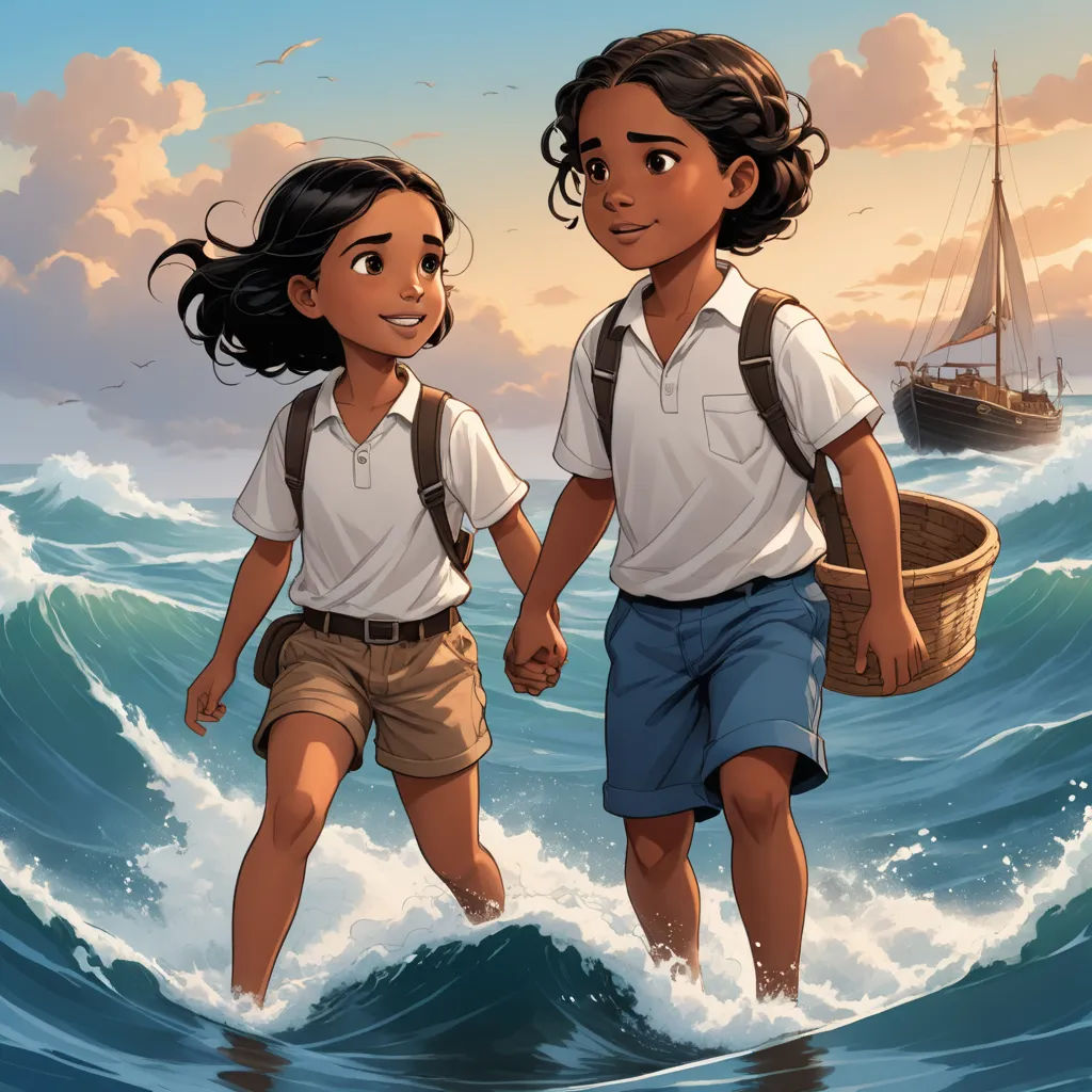 a boy and a girl are walking in the water with a boat in the background and a boat in the background, serial art, a storybook illustration, Cliff Childs, comic cover art