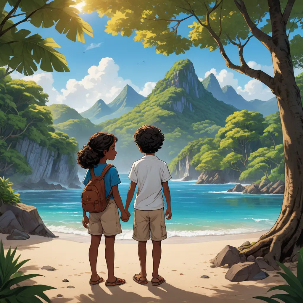 a couple of kids standing on top of a beach next to a forest filled with trees and water with mountains in the background, serial art, a storybook illustration, Chris LaBrooy, key art