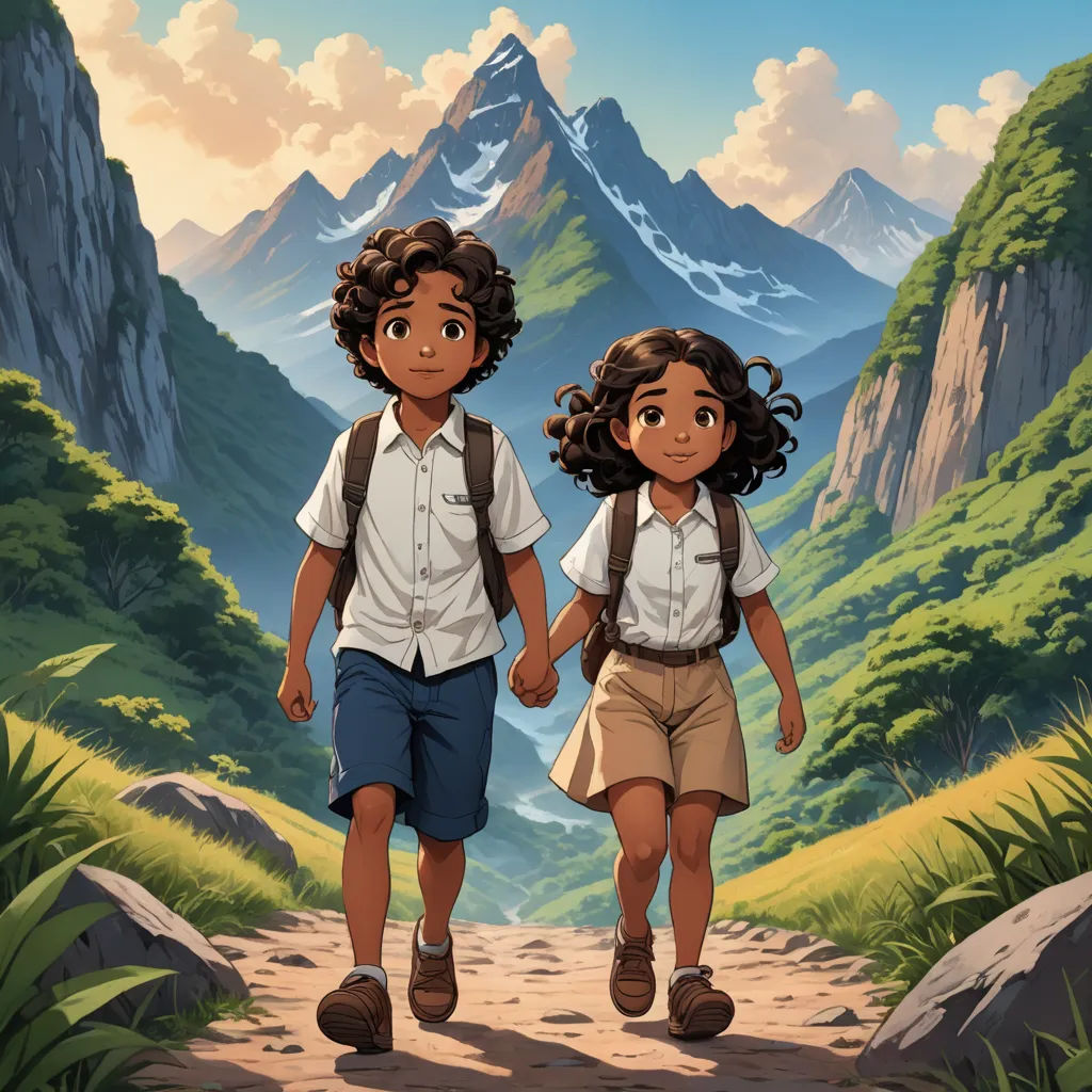 a couple of kids walking down a dirt road next to a mountain range with a mountain range in the background, serial art, poster art, Brothers Hildebrandt, official art