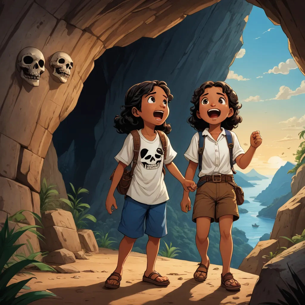 two children standing in a cave with a skull on the wall behind them and a mountain in the background, fantasy art, concept art, Brothers Hildebrandt, rossdraws global illumination