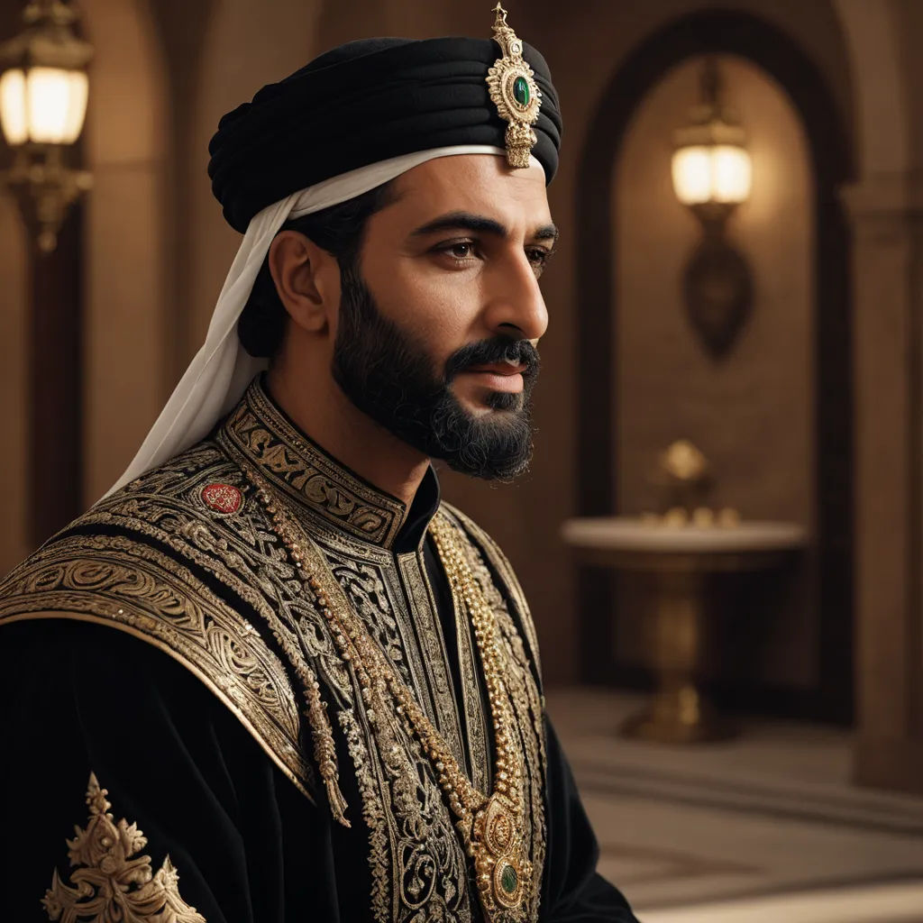 a man in a black and gold outfit in a building with a fountain in the background and a light on, qajar art, a character portrait, Altoon Sultan, regal