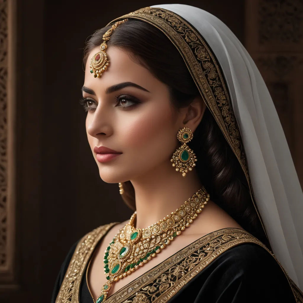 a woman wearing a bridal outfit and jewelry in a photo studio, wearing a veil and a head piece, qajar art, a photorealistic painting, Anthony Devas, jewelry