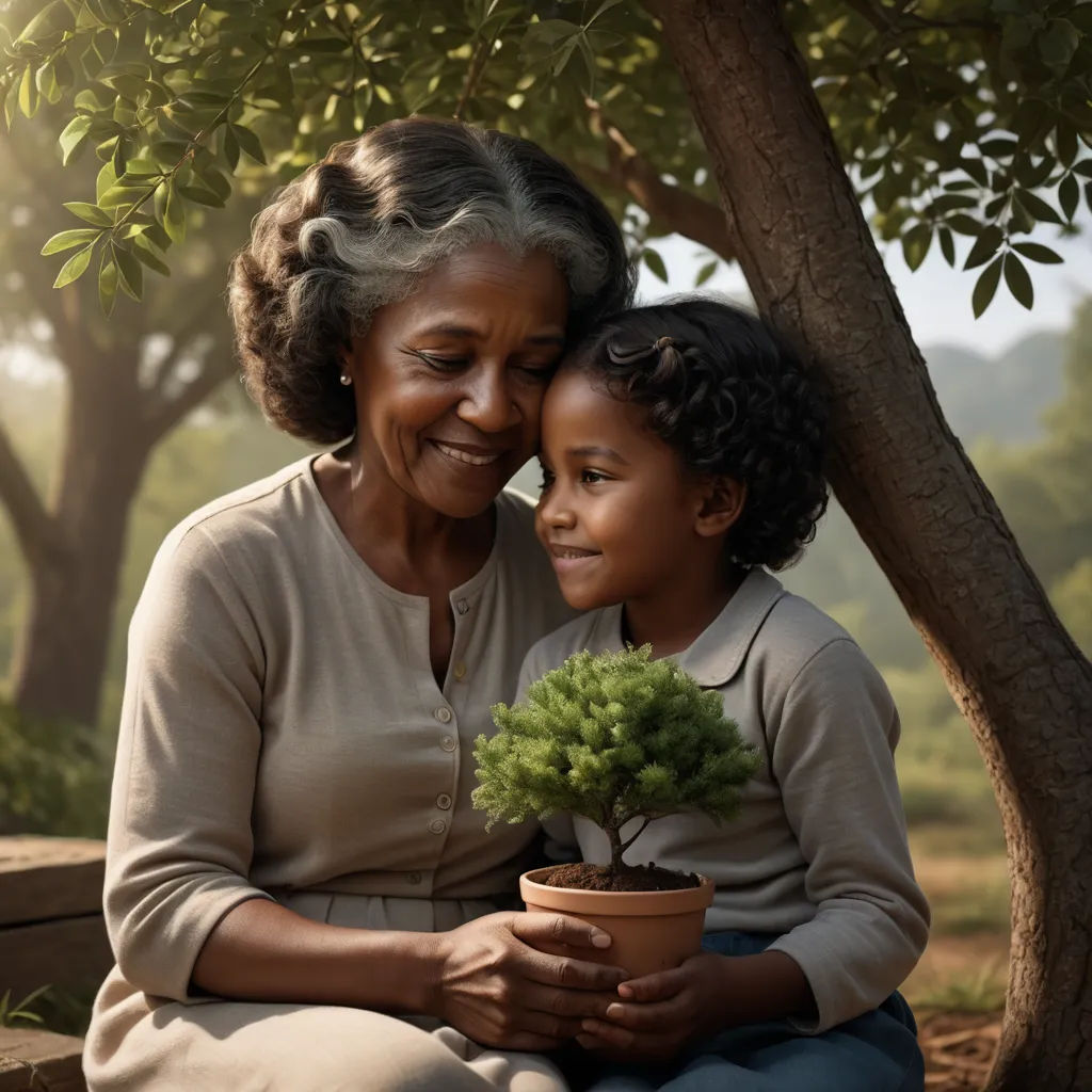 a woman and a child sitting on a bench under a tree with a potted plant in front of them, magical realism, a stock photo, Elinor Proby Adams, portrait photography