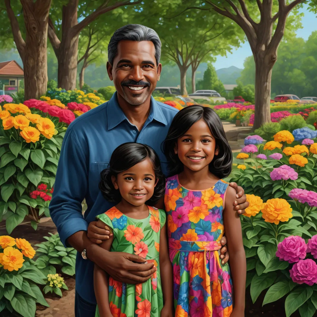 a painting of a man and two girls in a flower garden with a man in a blue shirt and a woman in a colorful dress, american realism, a storybook illustration, Chris LaBrooy, highly detailed digital painting