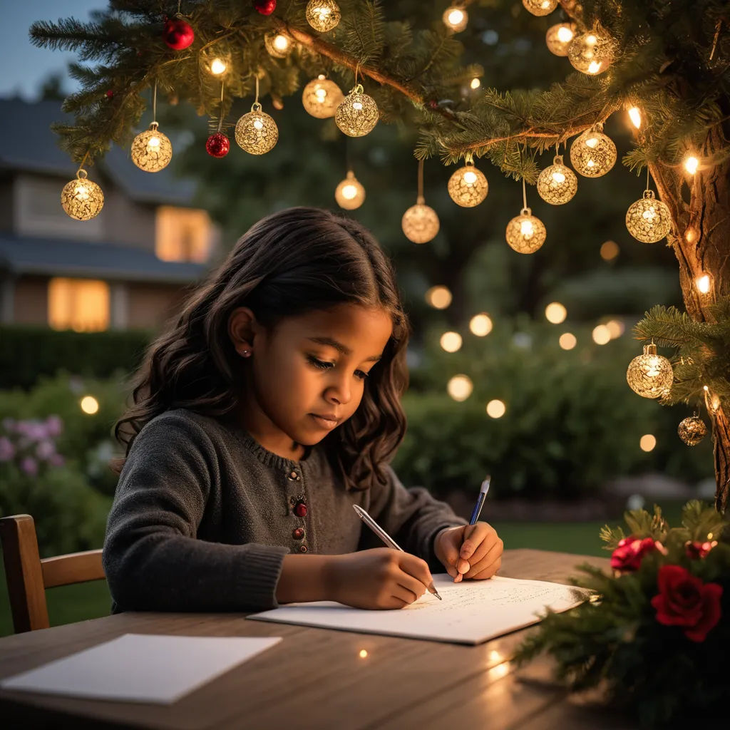 a little girl writing on a piece of paper under a christmas tree with lights hanging from it and a lit up tree, magical realism, a child's drawing, Ernest William Christmas, portrait photography