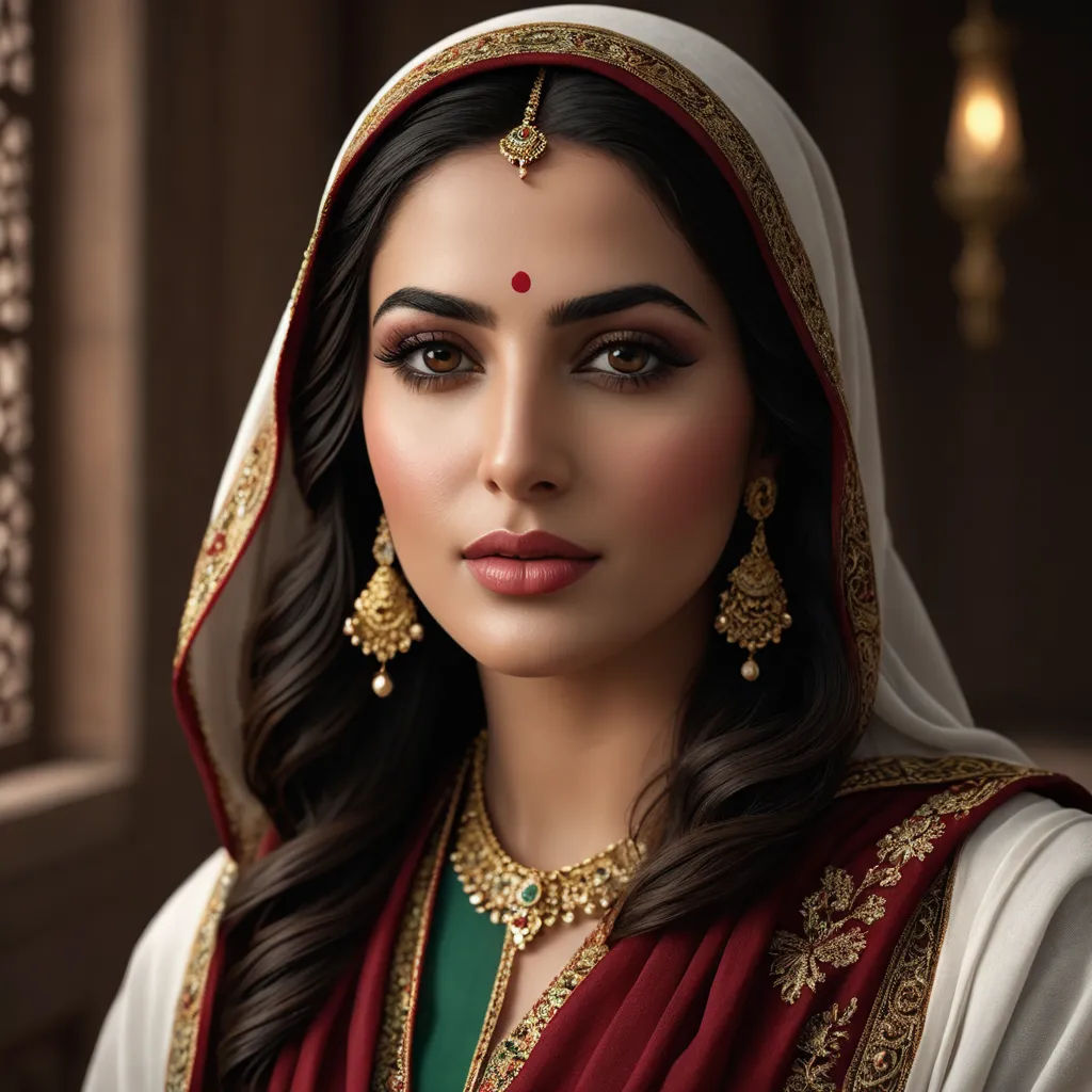 a woman in a red and white outfit with a veil and headpieces on her head and a red and white scarf on her head, samikshavad, a photorealistic painting, Ella Guru, professional digital painting