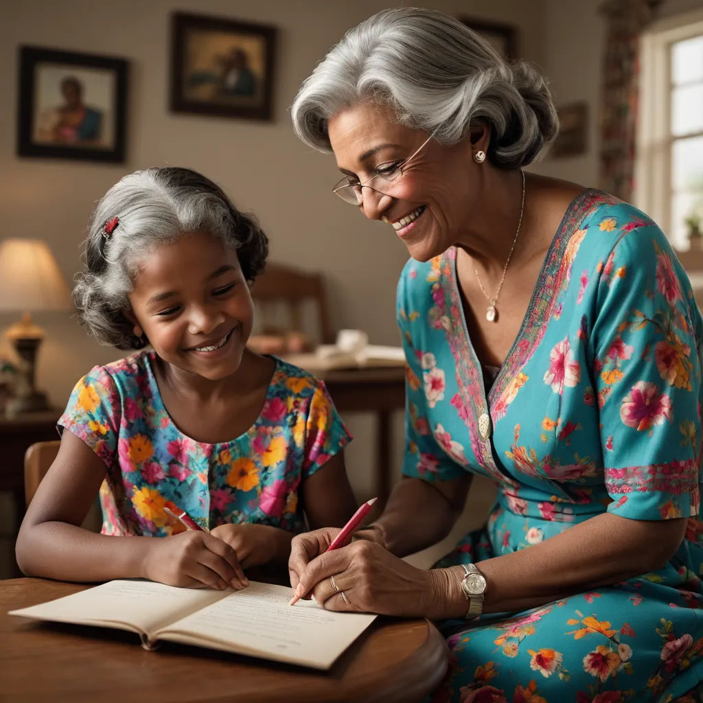 a woman and a girl sitting at a table writing in a book together, smiling at each other,, naive art, a storybook illustration, Betye Saar, promotional image