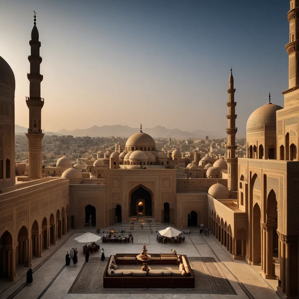 a large building with a courtyard and a few people walking around it in the distance are mountains and a few buildings, dau-al-set, egyptian art, Altoon Sultan, orientalism