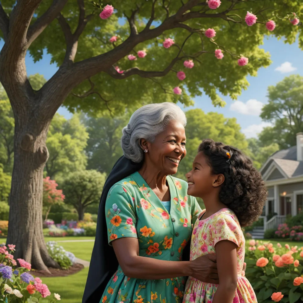 a painting of a woman and a girl in front of a house with flowers on the ground and a tree, american scene painting, a storybook illustration, Dorothy Coke, promotional image