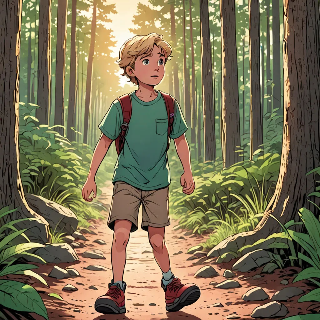 a boy walking through a forest with a backpack on his back and a backpack on his shoulder, with the sun shining through the trees, process art, a storybook illustration, Asaf Hanuka, rossdraws global illumination