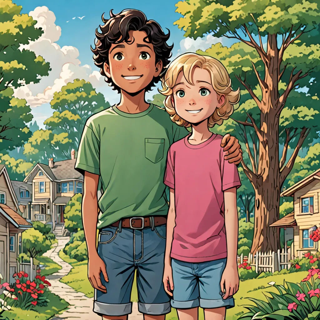 a boy and a girl standing in front of a tree and a house with a pathway leading to them, american scene painting, a comic book panel, Cliff Childs, comic cover art