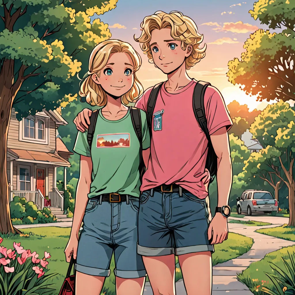 a couple of people standing next to each other on a sidewalk near a tree and a house with a sunset in the background, american romanticism, a comic book panel, Cliff Childs, official art