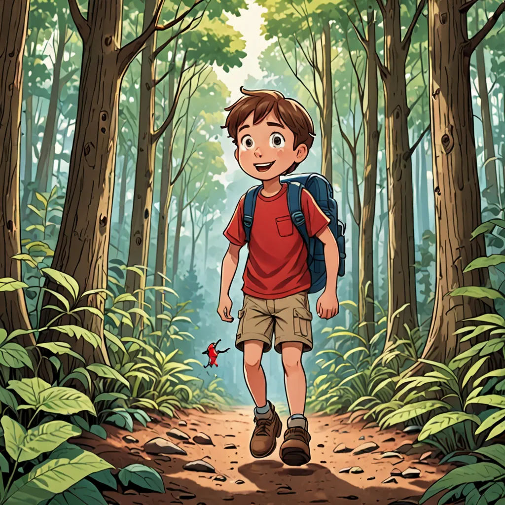 a boy walking through a forest with a backpack on his back and a butterfly in his hand, with a forest background, environmental art, a storybook illustration, Diego Gisbert Llorens, promotional image