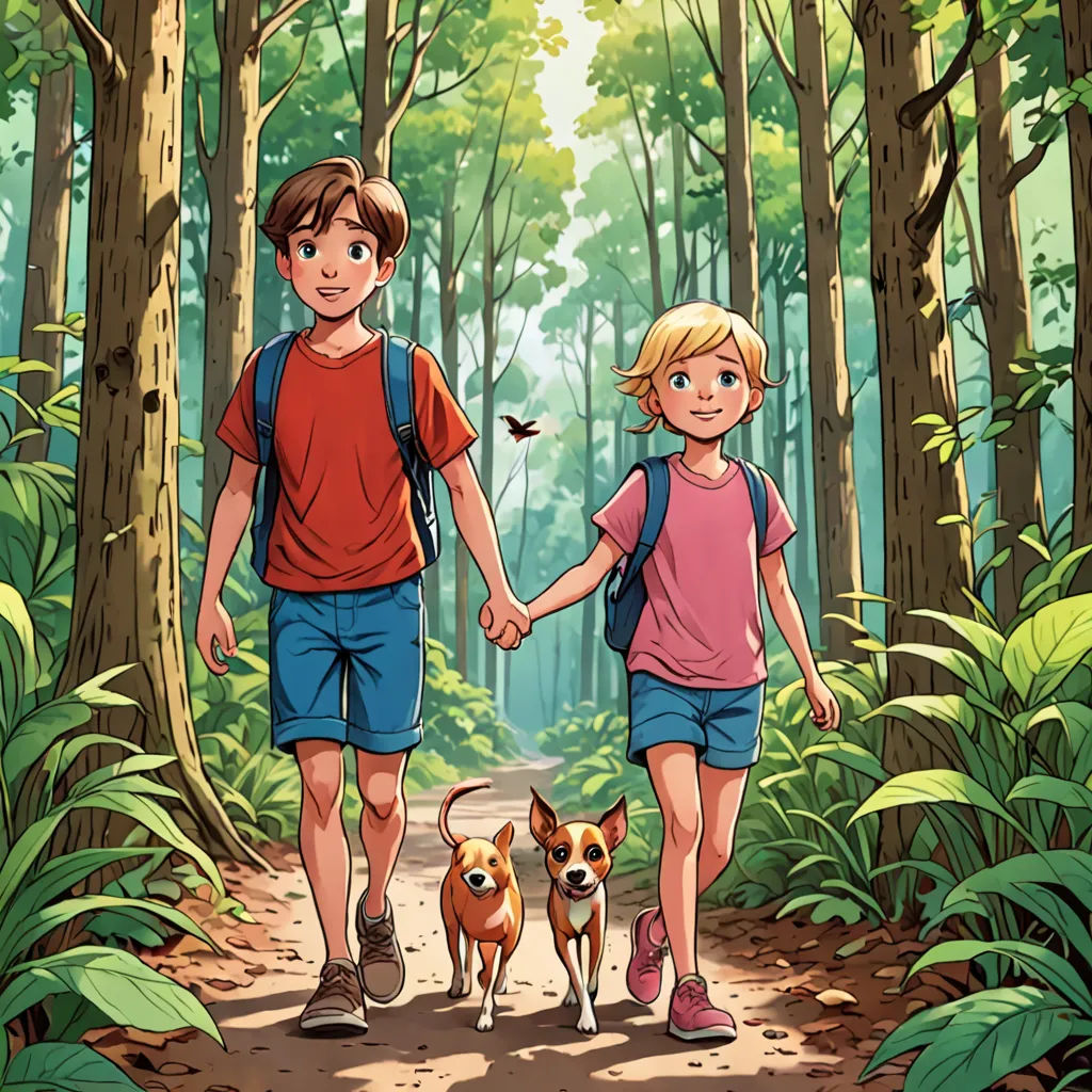a boy and a girl walking in the woods with a dog on a leash and a bird flying above them, lyco art, a storybook illustration, Diego Gisbert Llorens, color page
