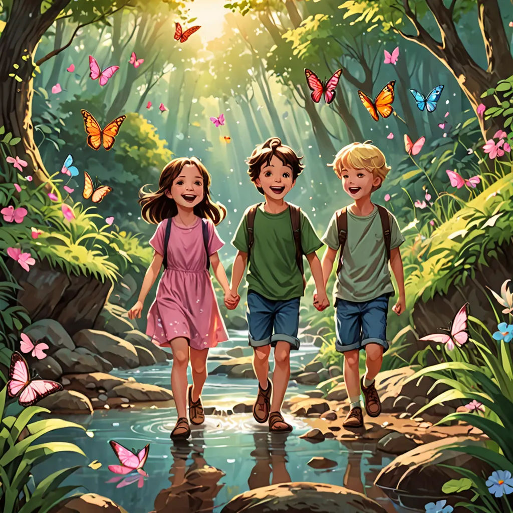 three children walking through a forest with butterflies flying overhead and a stream running between them, with a stream running between them, fantasy art, a storybook illustration, Cliff Childs, storybook illustration