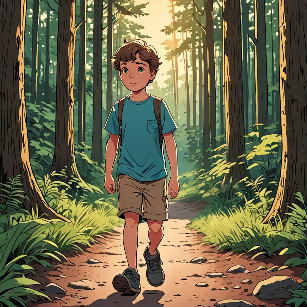 a boy walking down a path in the woods with a backpack on his back and a backpack on his shoulder, process art, a storybook illustration, Asaf Hanuka, rossdraws global illumination