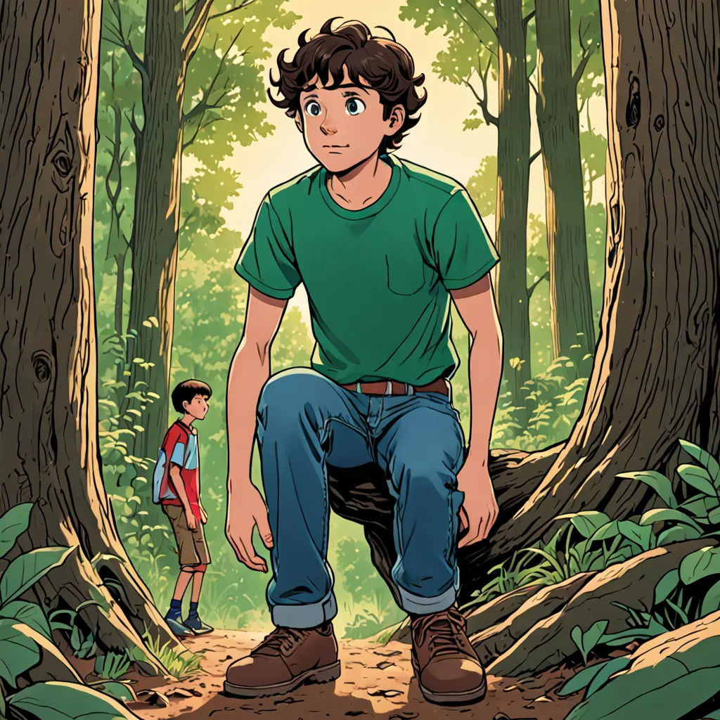 a man sitting on a tree stump in a forest with a boy standing behind him and a forest background, process art, poster art, Brothers Hildebrandt, color page