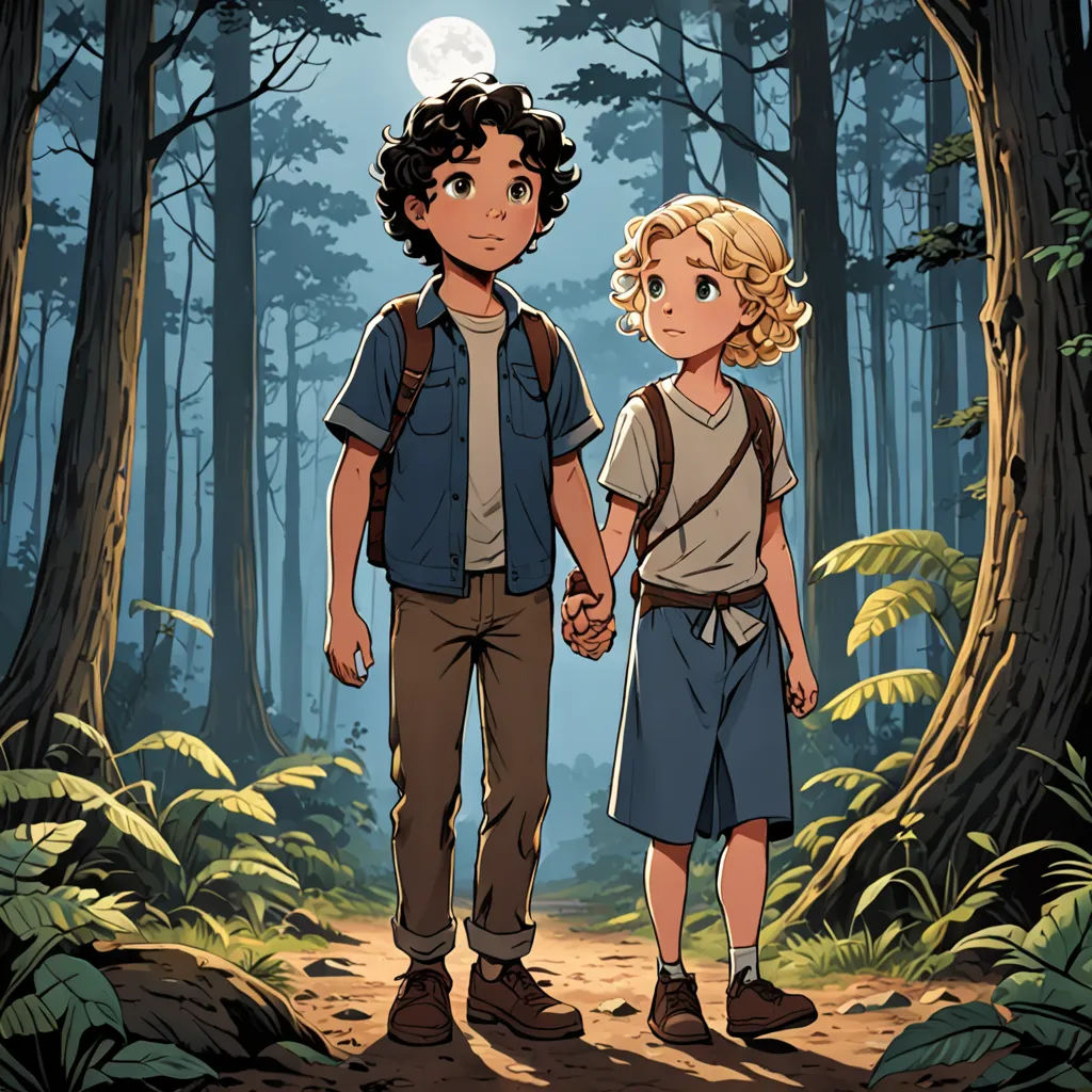 a boy and a girl are walking in the woods holding hands and looking at the moon in the distance, serial art, poster art, Cliff Childs, official art