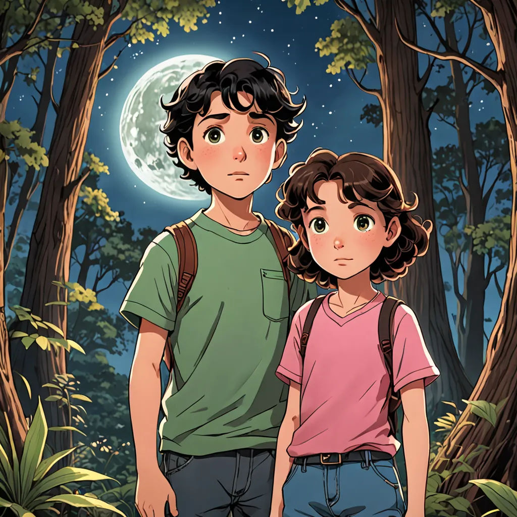 a boy and a girl standing in the woods at night with a full moon in the background and trees, serial art, poster art, Diego Gisbert Llorens, graphic novel