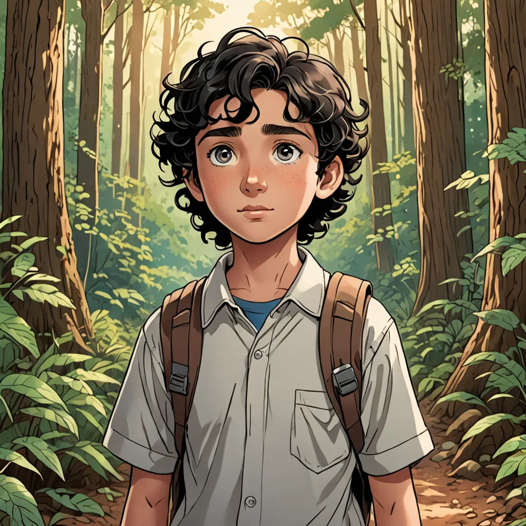 a boy with a backpack standing in a forest with trees and ferns on the ground, looking at the camera, serial art, a character portrait, Cedric Seaut (Keos Masons), yukito kishiro