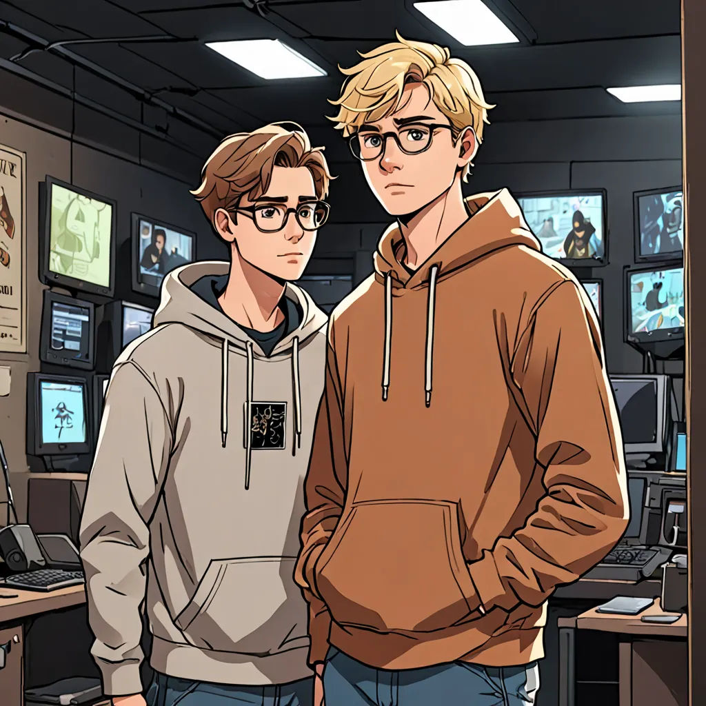 two young men standing in a room with computers on the walls and televisions on the walls behind them, serial art, a comic book panel, Cedric Seaut (Keos Masons), tech wear