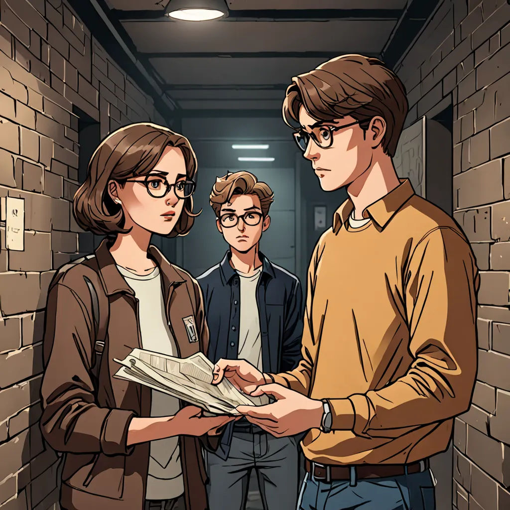 a man and two women standing in a hallway with a brick wall and a brick wall behind them, looking at a paper, serial art, a comic book panel, Cedric Seaut (Keos Masons), comic cover art