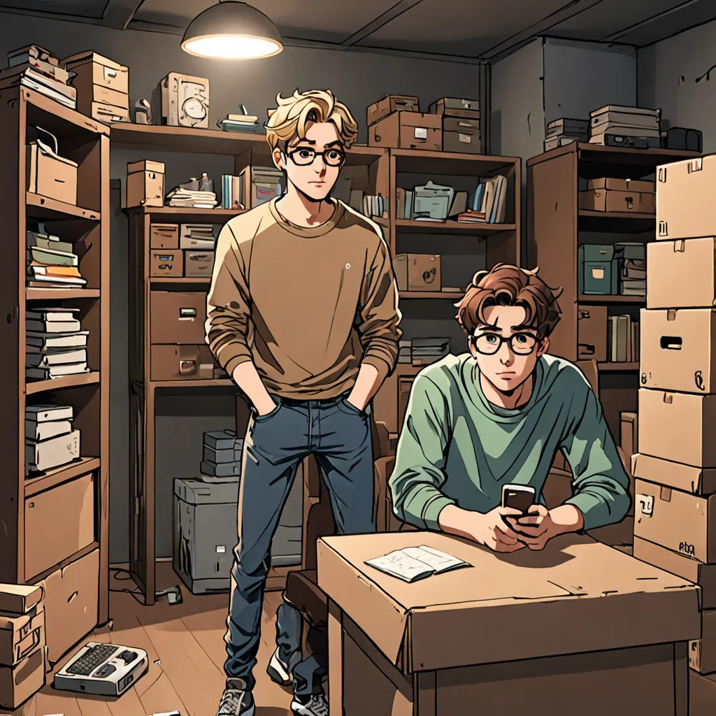 two men sitting at a desk in a room with boxes and a phone in front of them, one of them is looking at the camera, serial art, a comic book panel, David Park, graphic novel