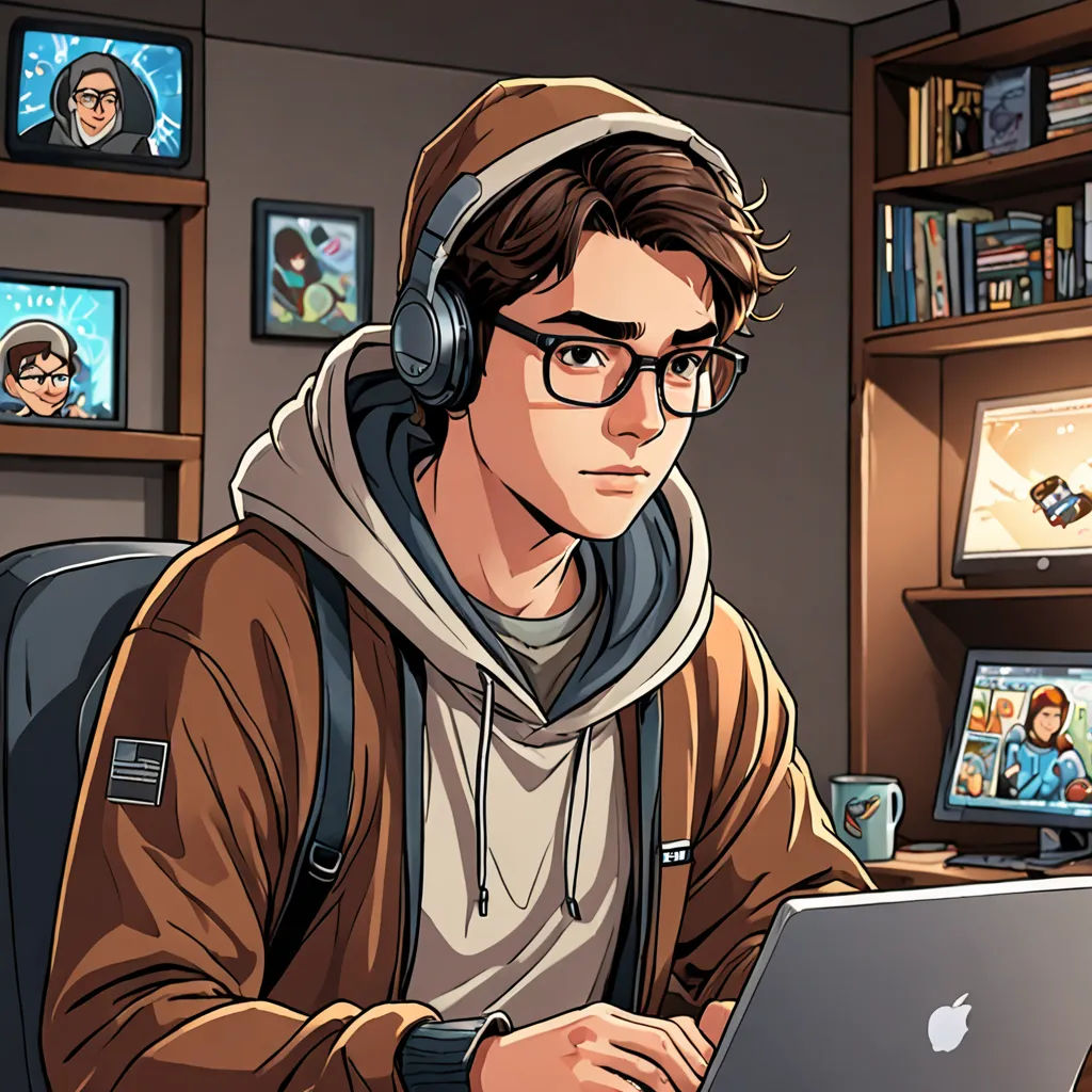 a man wearing headphones and using a laptop computer in a room with pictures on the wall and a bookcase, serial art, a comic book panel, Cedric Seaut (Keos Masons), comic cover art