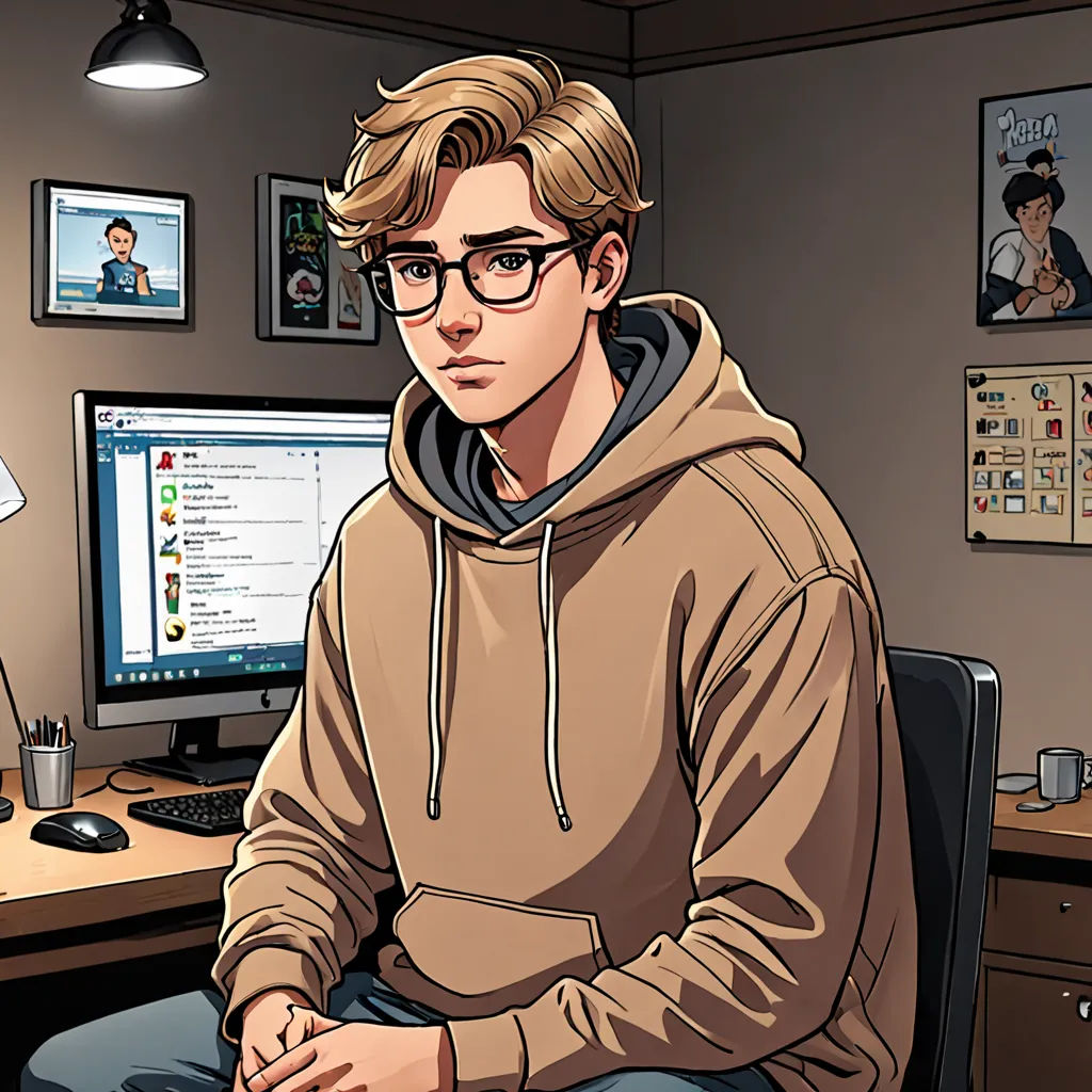a man sitting at a desk with a computer monitor and a keyboard in front of him, with a cartoon of a man in a hoodie, serial art, a character portrait, Cedric Seaut (Keos Masons), graphic novel