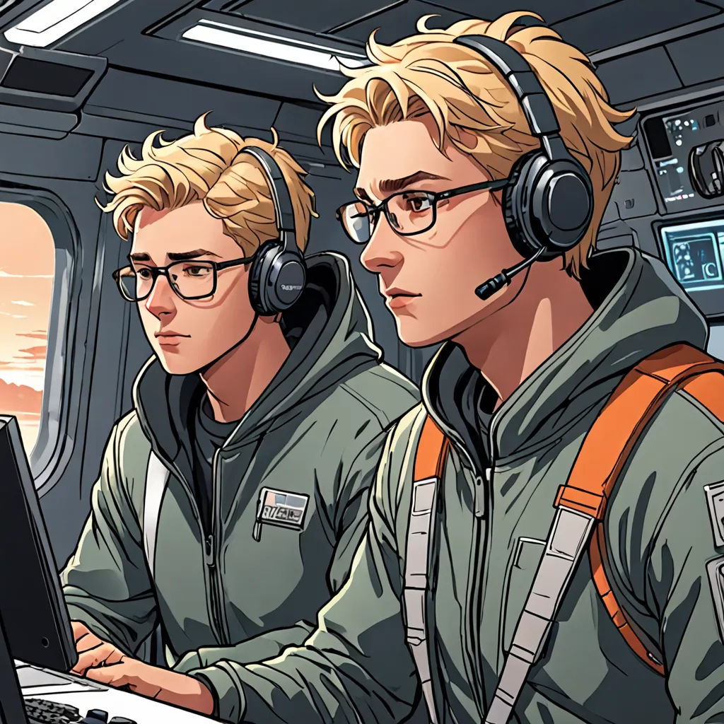 two men in a plane wearing headphones and using a laptop computer and headphones on their headsets, space art, a comic book panel, Felix-Kelly, laurie greasley