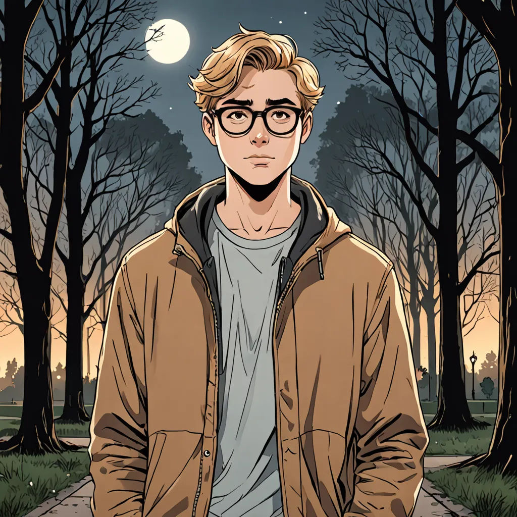 a man in a park with trees and a full moon in the background, with a cartoon of him, serial art, a character portrait, Cedric Seaut (Keos Masons), graphic novel