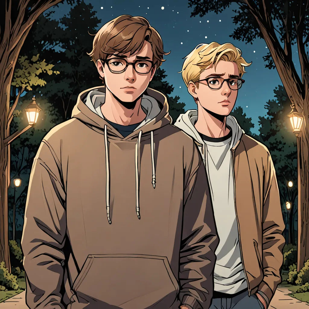 two young men standing next to each other in front of a forest at night with street lights and street lamps, serial art, a comic book panel, Brothers Hildebrandt, graphic novel