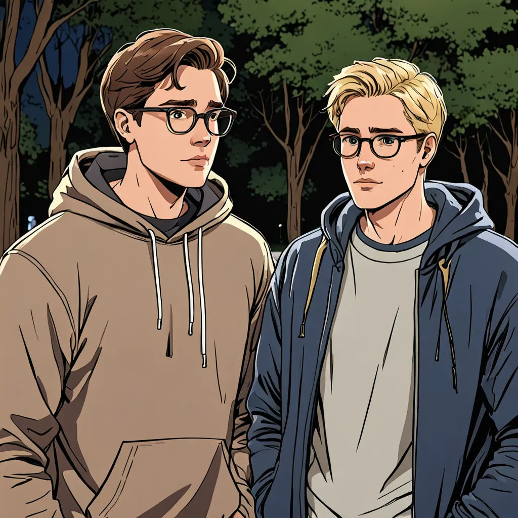 two men standing next to each other in a forest with trees in the background and one wearing a hoodie, serial art, a comic book panel, Caspar Wolf, graphic novel
