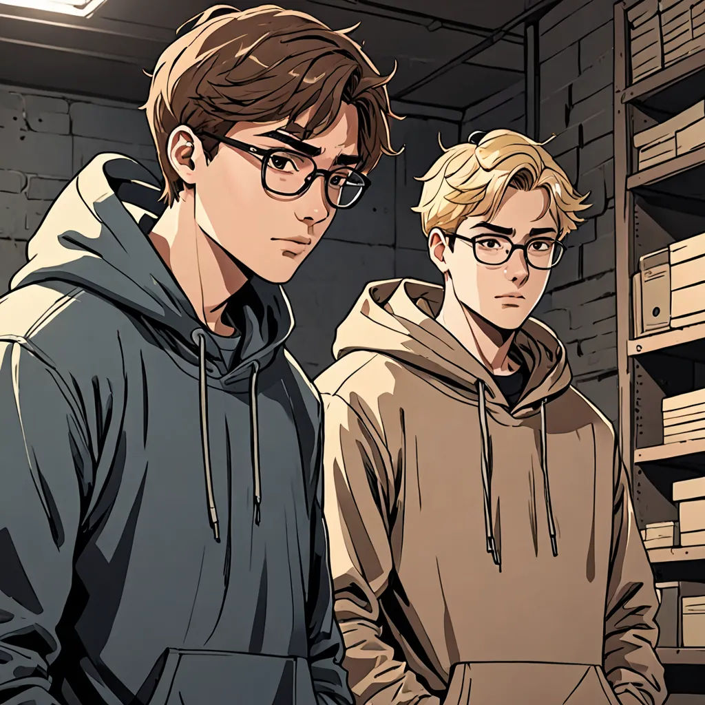 two young men standing next to each other in a room with shelves of books on the wall and a shelf of books on the floor, serial art, a comic book panel, Cedric Seaut (Keos Masons), graphic novel