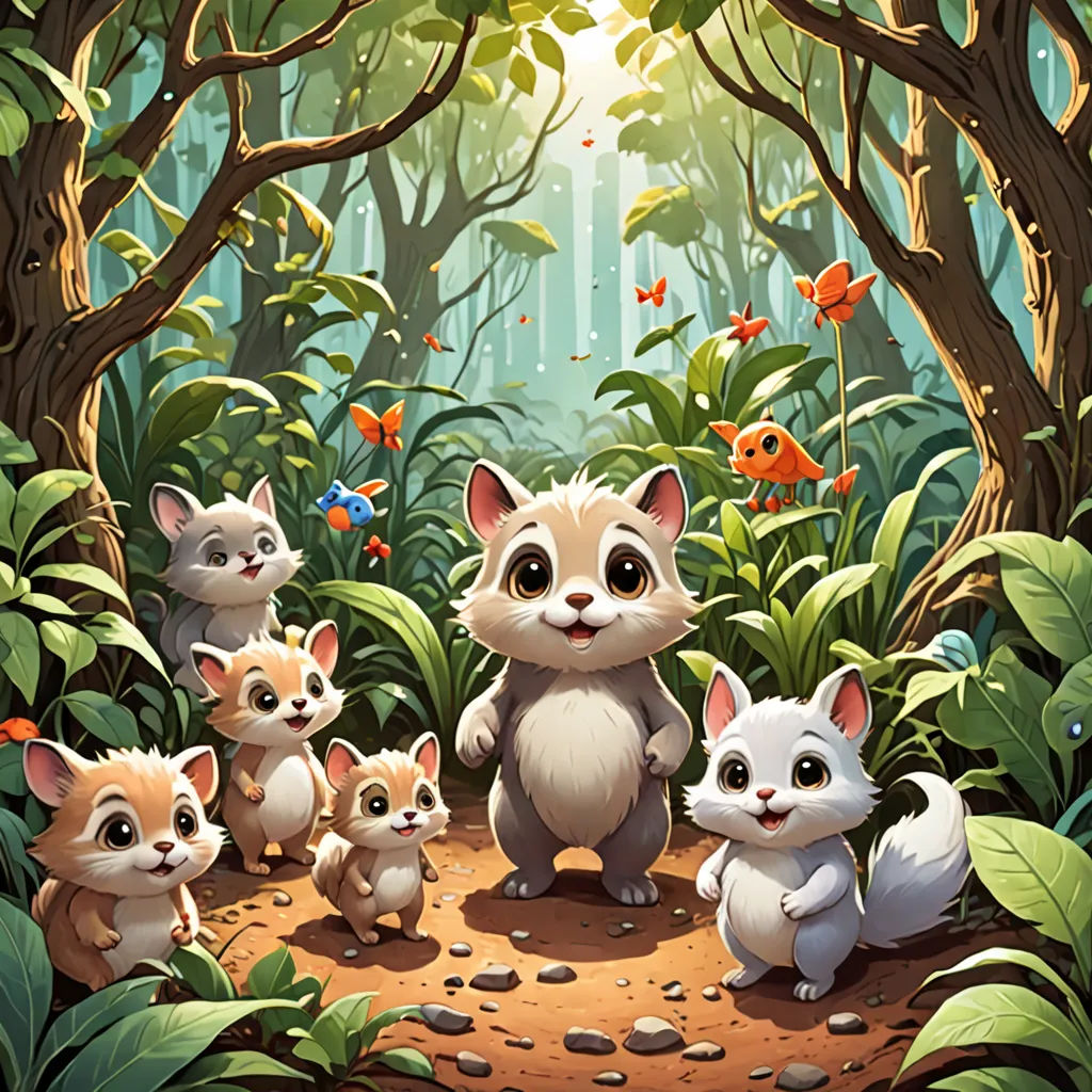 a group of animals standing in a forest with a sun shining through the trees behind them and a forest floor, sots art, a storybook illustration, Chris LaBrooy, key art