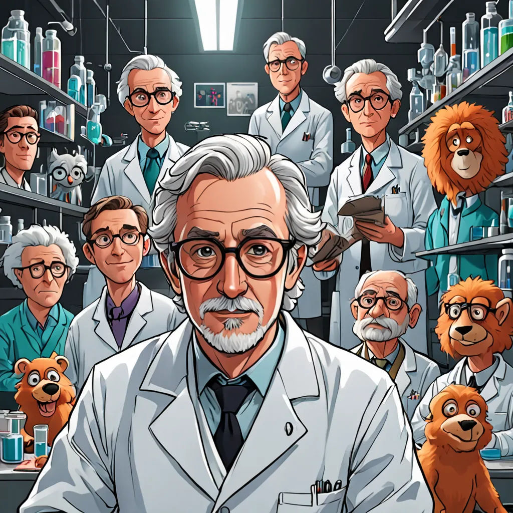 a cartoon of a scientist surrounded by other people in a laboratory setting with teddy bears and other medical equipment, furry art, poster art, Dan Mumford, josan gonzales and dan mumford