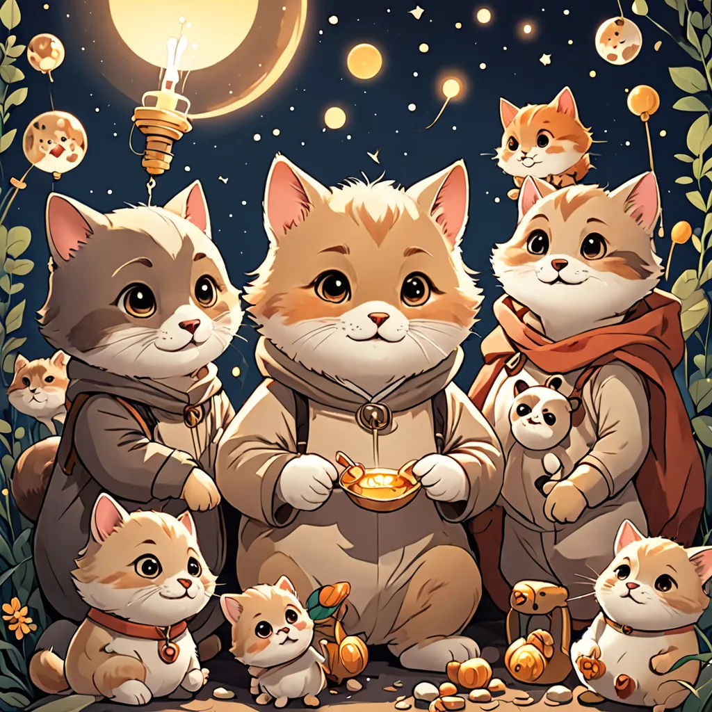 a group of cats standing next to each other under a light bulb on a night sky with stars and moon, space art, a storybook illustration, Beatrix Potter, octopath traveler