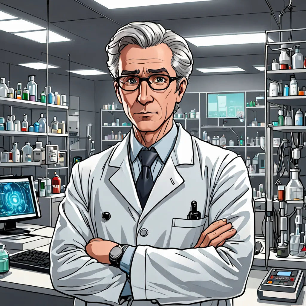 a man in a lab coat standing in front of a computer monitor and a monitor screen with a science lab in the background, rayonism, a character portrait, Dean Roger, character portrait
