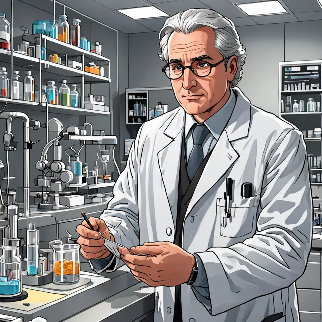 a man in a lab coat holding a pipe and looking at a bottle of liquid in a laboratory with shelves of bottles, rayonism, a comic book panel, David Brewster, official art
