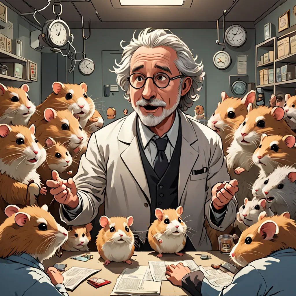 a man surrounded by many hamsters in a library with a clock in the background and a man in a suit, rayonism, a storybook illustration, Art Spiegelman, yukito kishiro