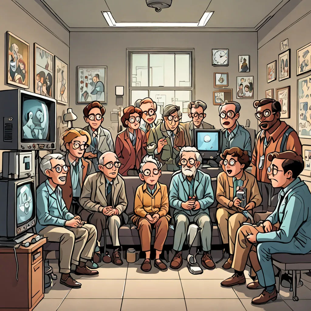 a group of people sitting in a room with a tv and a monitor on the wall and a man standing in front of them, serial art, a comic book panel, Asaf Hanuka, official art