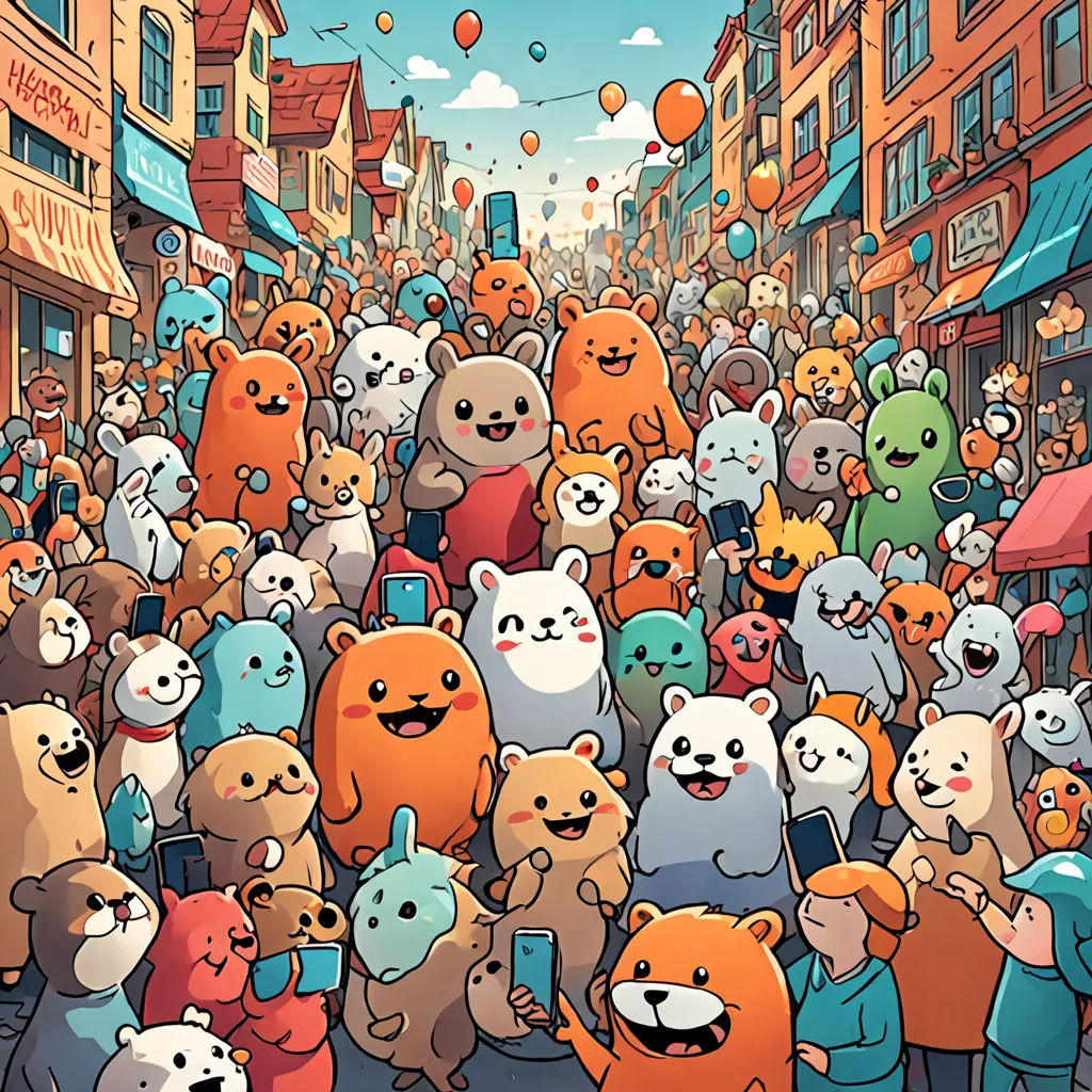 a crowd of people standing in front of a building with many bears on it's sides and balloons flying above, furry art, a storybook illustration, Chris LaBrooy, josan gonzales and dan mumford