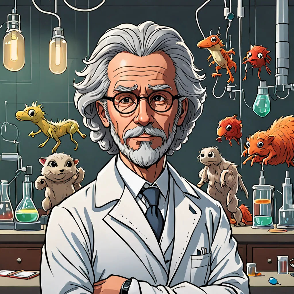 a man in a lab coat standing in front of a table with animals and beakers on it and a lamp hanging above, rayonism, a character portrait, Cedric Seaut (Keos Masons), official art