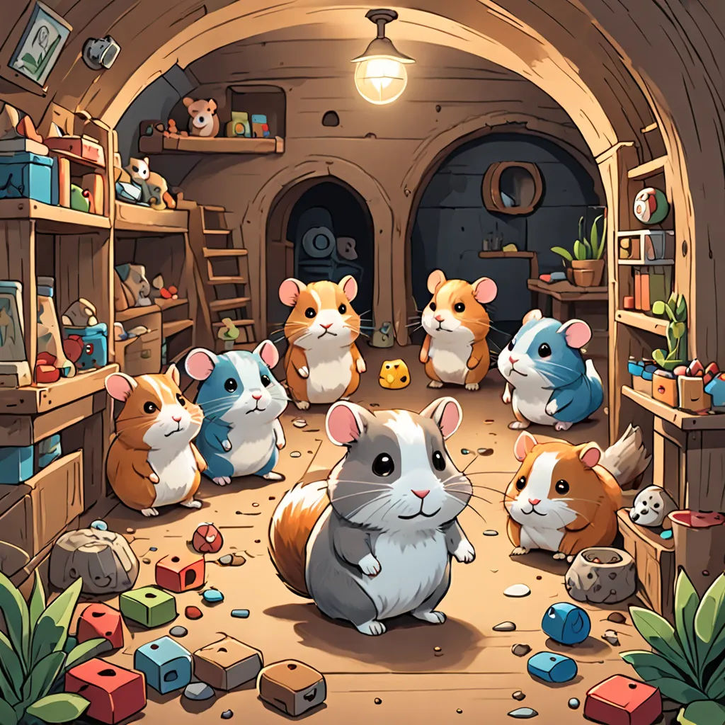 a group of hamsters in a room with a bunch of toys on the floor and a bunch of shelves, sots art, a storybook illustration, David Teniers III, 2 d game art
